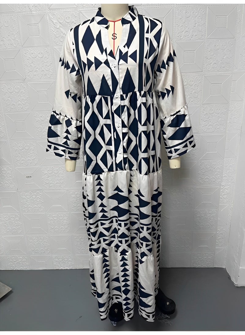 ريوكل فستان ماكسي نسائي فضفاض بنمط بوهيمي بأكمام طويلة ورقبة على شكل حرف V وأزرار وطبعات زهور طويلة - Image 3