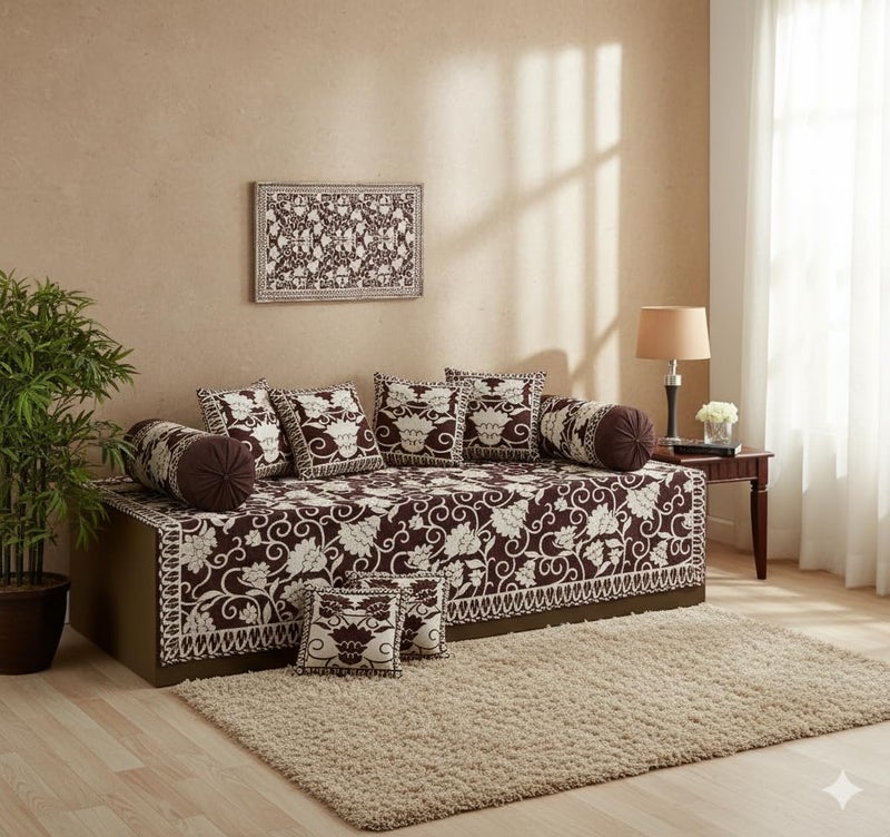 FRESH FROM LOOM Reversable Diwan Set (You can Used This from Both Side), 500 TC, Velvet Chenille Fabric, Diwan Set - 8pc (Coffee) - Image 1