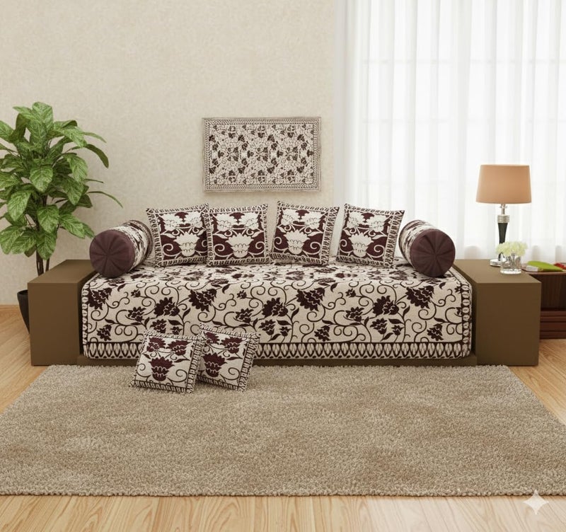 FRESH FROM LOOM Reversable Diwan Set (You can Used This from Both Side), 500 TC, Velvet Chenille Fabric, Diwan Set - 8pc (Coffee) - Image 2