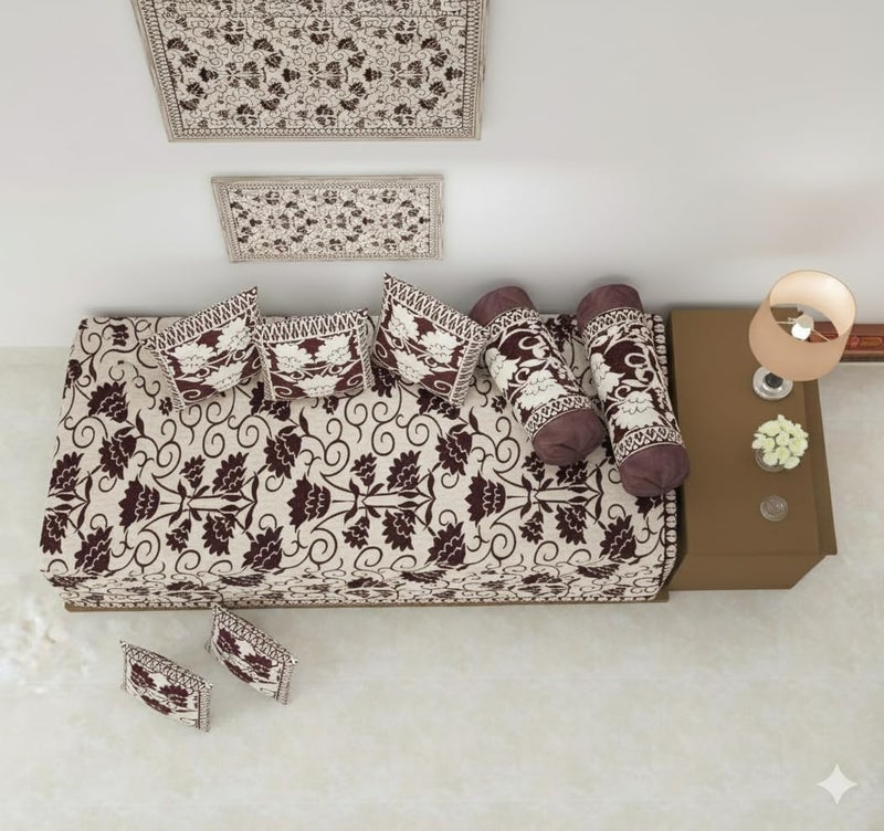 FRESH FROM LOOM Reversable Diwan Set (You can Used This from Both Side), 500 TC, Velvet Chenille Fabric, Diwan Set - 8pc (Coffee) - Image 4