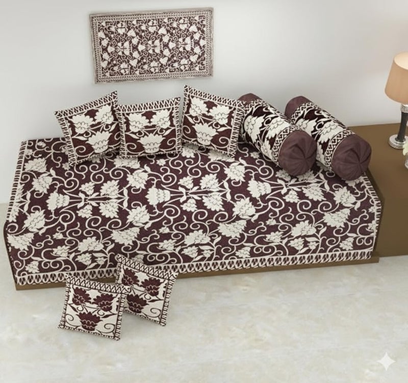 FRESH FROM LOOM Reversable Diwan Set (You can Used This from Both Side), 500 TC, Velvet Chenille Fabric, Diwan Set - 8pc (Coffee) - Image 3
