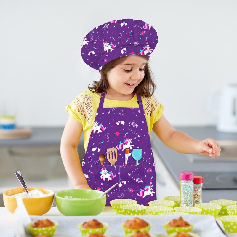 DEABOLAR Kids Chef Hat and Apron, Adjustable Kids Aprons with Pocket Girls Boys Kitchen Toddler Aprons for Cooking Baking - Image 2