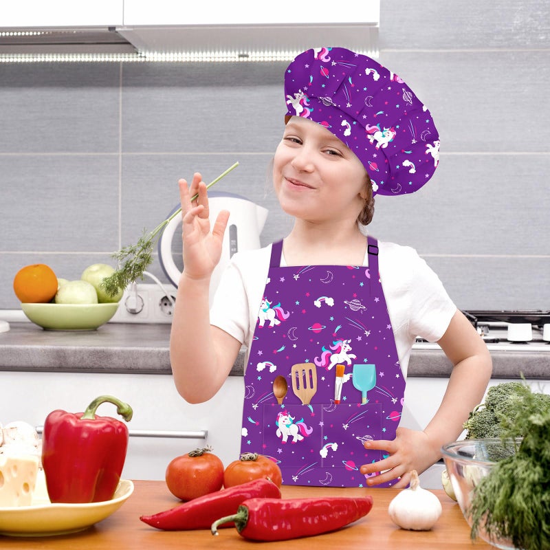 DEABOLAR Kids Chef Hat and Apron, Adjustable Kids Aprons with Pocket Girls Boys Kitchen Toddler Aprons for Cooking Baking - Image 3