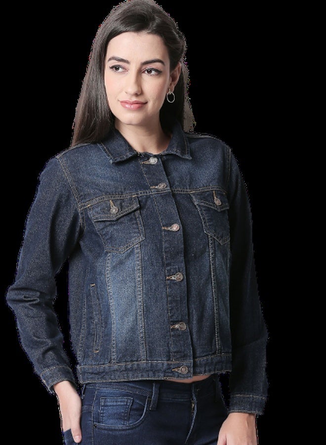 HIGH STAR Women Blue Solid Denim Jacket - Image 2