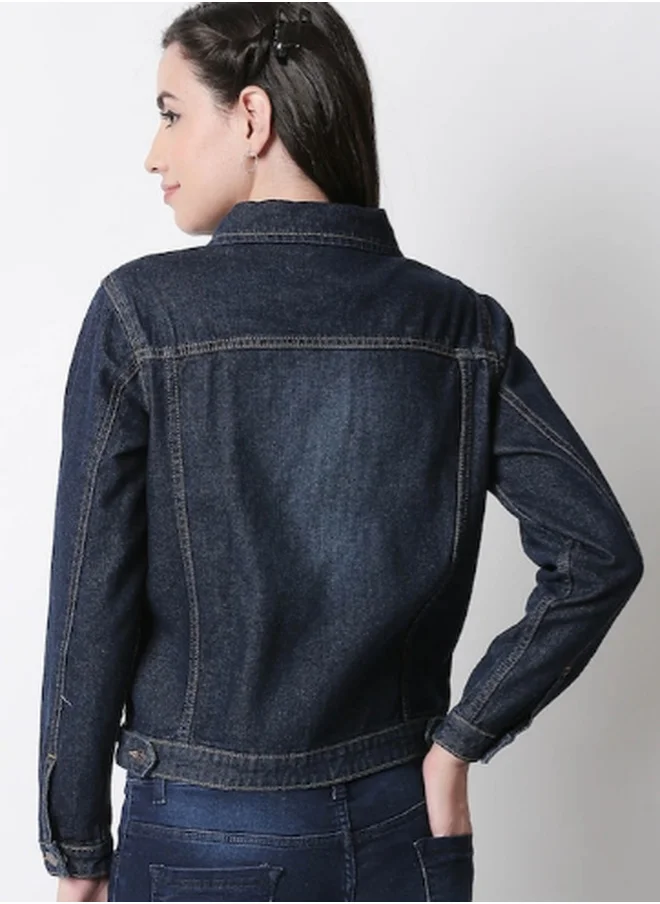 هاي ستار Women Blue Solid Denim Jacket