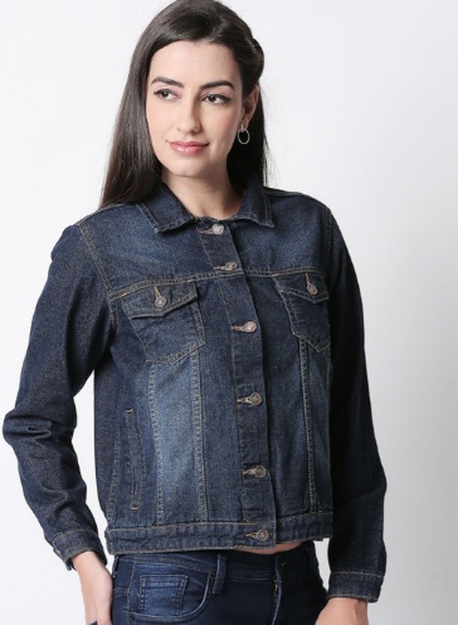 HIGH STAR Women Blue Solid Denim Jacket - Image 1