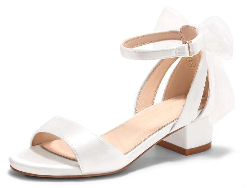 Coutgo Girls Dress Shoes Sandals Chunky Low Heels Bow Ankle Strap Flower Girl Wedding Party Shoes for Toddler Kids, White, Size 9 - Image 1