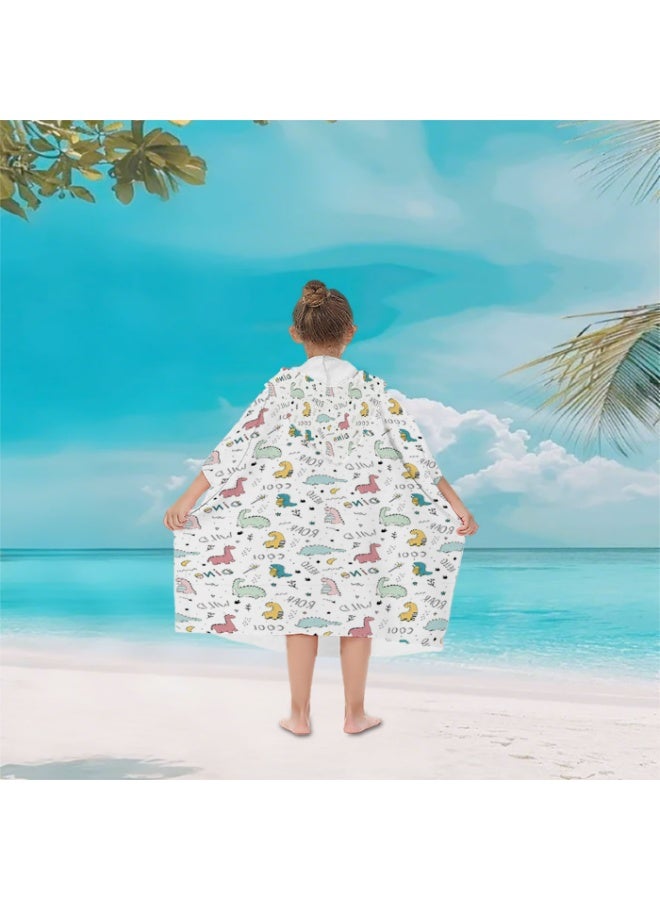 Pure White Base Full Printed Macaron Hand Drawn Little Dinosaur Fun Text Unisex Kids Hooded Quick Dry Poncho Towel, Polyester Soft Water Absorbent Loose Windproof Bath Wrap for All Kids, Ideal for Beach, Swimming Pool, Hot Spring & Daily Shower - Image 2