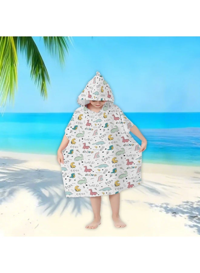 Pure White Base Full Printed Macaron Hand Drawn Little Dinosaur Fun Text Unisex Kids Hooded Quick Dry Poncho Towel, Polyester Soft Water Absorbent Loose Windproof Bath Wrap for All Kids, Ideal for Beach, Swimming Pool, Hot Spring & Daily Shower - Image 4