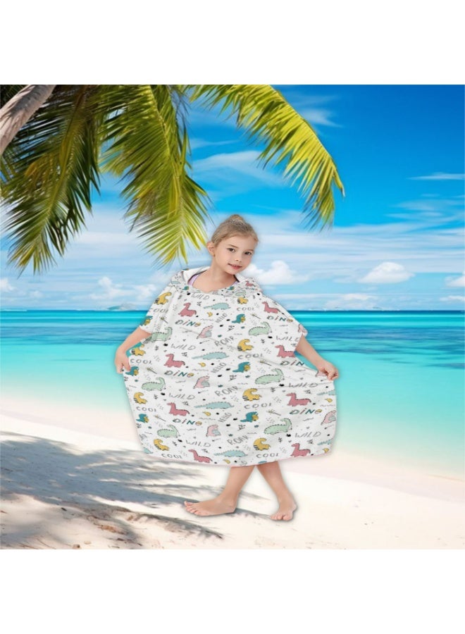 Pure White Base Full Printed Macaron Hand Drawn Little Dinosaur Fun Text Unisex Kids Hooded Quick Dry Poncho Towel, Polyester Soft Water Absorbent Loose Windproof Bath Wrap for All Kids, Ideal for Beach, Swimming Pool, Hot Spring & Daily Shower - Image 3