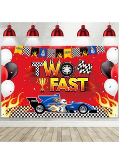 Oudain Racing Car Decoration Two Fast Backdrop Birthday Decorations Racing Theme Party Decorations Racing Car Second Birthday Photography Background Racing Boys Kids Birthday Party Supplies  - Image 1