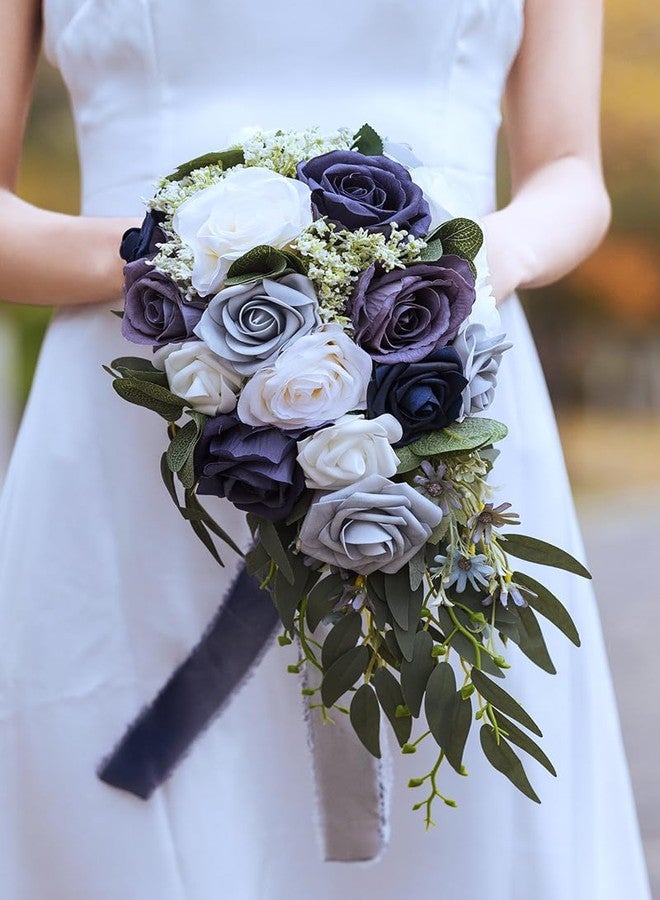 FEILUOYI 10 inch Water Drop Shape Bridal Bouquet Bridesmaid Bouquet Luxury Blue Roses Wedding French Rustic Vintage Wedding, Romantic Wedding Ceremony, Decoration - Image 4