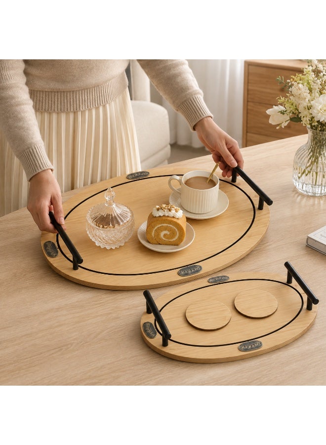 4-Piece Oval Wooden Serving Tray Set with Black Metal Handles & 2 Separate Round Coasters (Large & Small) - Light Wood & Black - Image 2