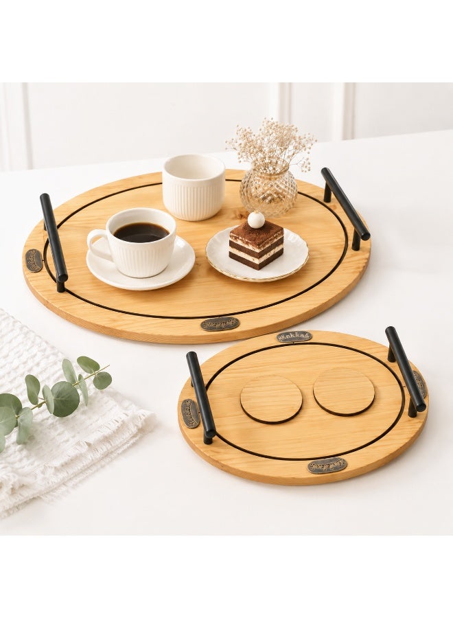 4-Piece Oval Wooden Serving Tray Set with Black Metal Handles & 2 Separate Round Coasters (Large & Small) - Light Wood & Black - Image 4