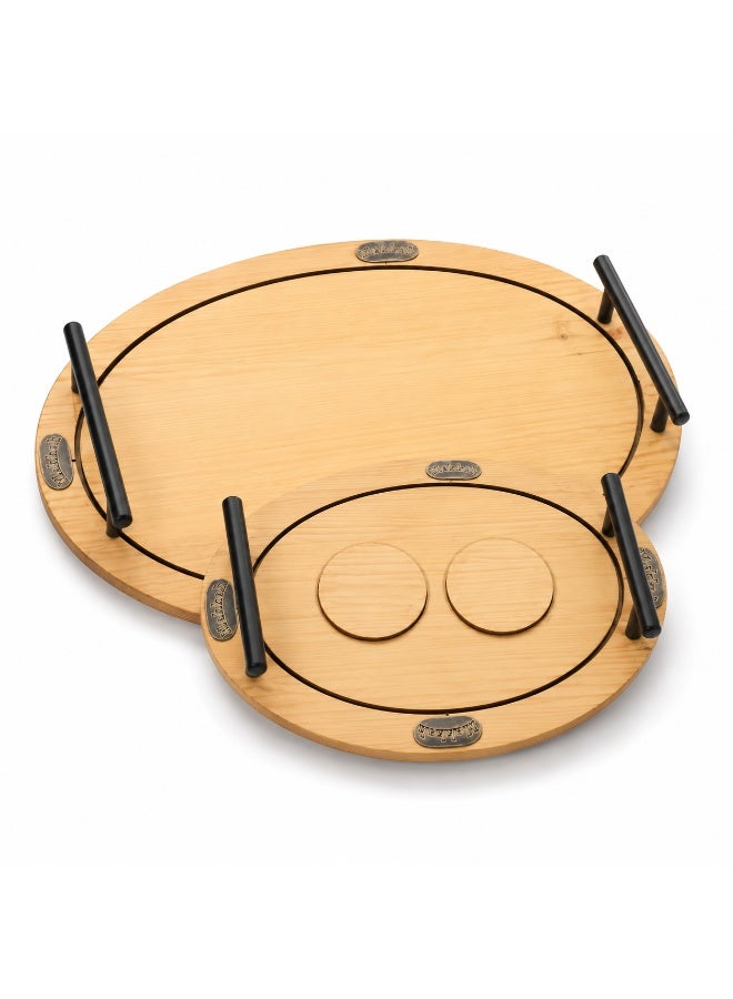 4-Piece Oval Wooden Serving Tray Set with Black Metal Handles & 2 Separate Round Coasters (Large & Small) - Light Wood & Black - Image 1