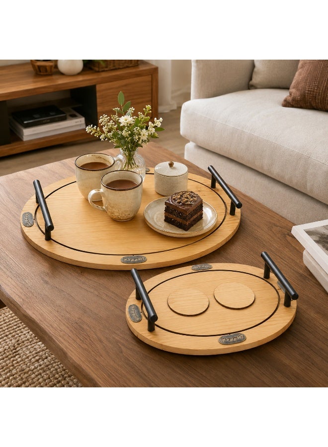 4-Piece Oval Wooden Serving Tray Set with Black Metal Handles & 2 Separate Round Coasters (Large & Small) - Light Wood & Black - Image 3