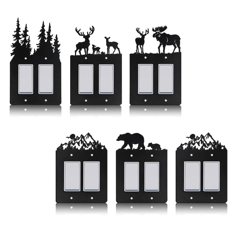 Lothee 6 Pcs Metal Bear Light Switch Cover Plate Moose Tree Mountain Elk Forest Outlet Plate Toggle Outlet Wall Cover for HomeDouble Rocker