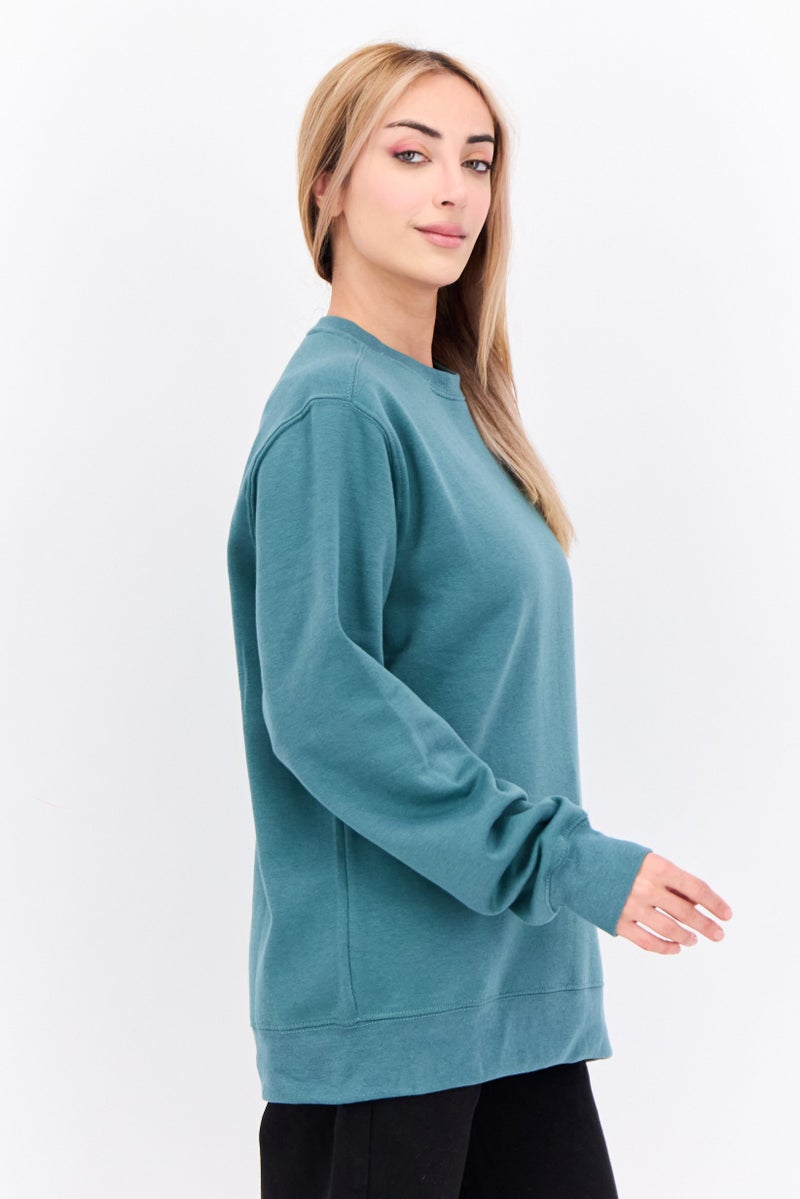 JUICE Women Crew Neck Plain  Long Sleeves Sweatshirt, Teal Green - Image 2