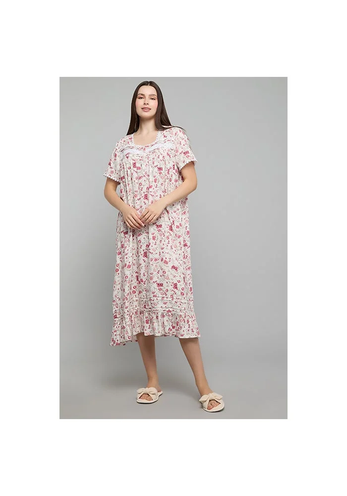 أر أند بي Patterned Nightdress with Sweetheart Neck and Short Sleeves