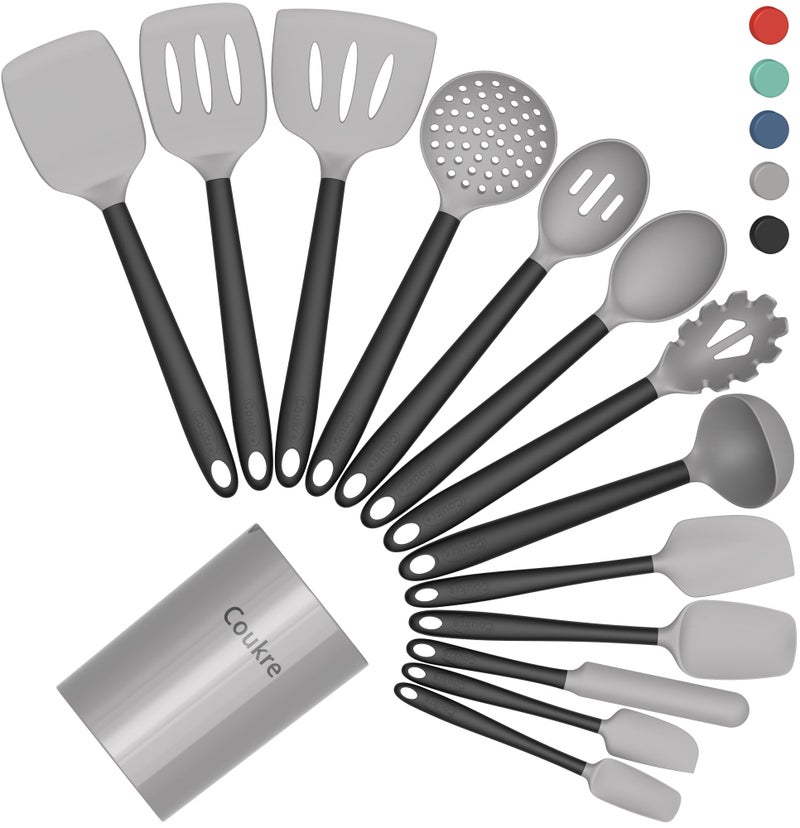 Coukre Silicone Kitchen Cooking Utensils Set with Holder â€“ Heat-Resistant, Food-Grade Kitchen Tools, Spatula, Spoon & Gadgets for Non-Stick Pans, Dishwasher Safe (14, Gray) - Image 1