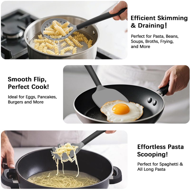 Coukre Silicone Kitchen Cooking Utensils Set with Holder â€“ Heat-Resistant, Food-Grade Kitchen Tools, Spatula, Spoon & Gadgets for Non-Stick Pans, Dishwasher Safe (14, Gray) - Image 3