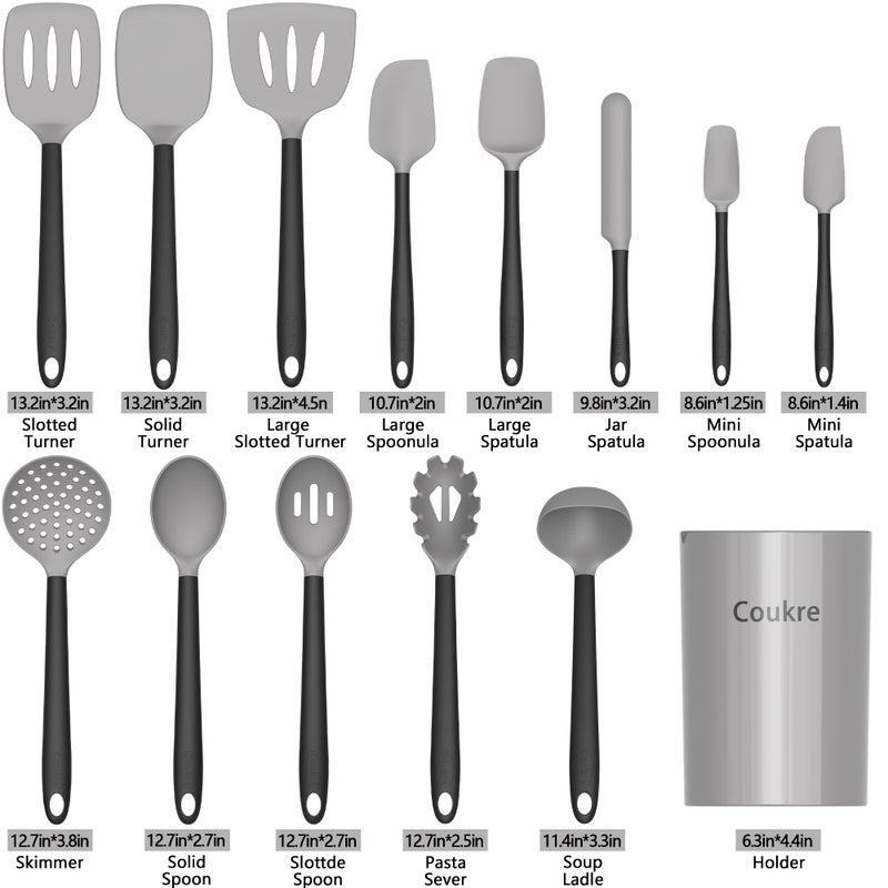 Coukre Silicone Kitchen Cooking Utensils Set with Holder â€“ Heat-Resistant, Food-Grade Kitchen Tools, Spatula, Spoon & Gadgets for Non-Stick Pans, Dishwasher Safe (14, Gray) - Image 2