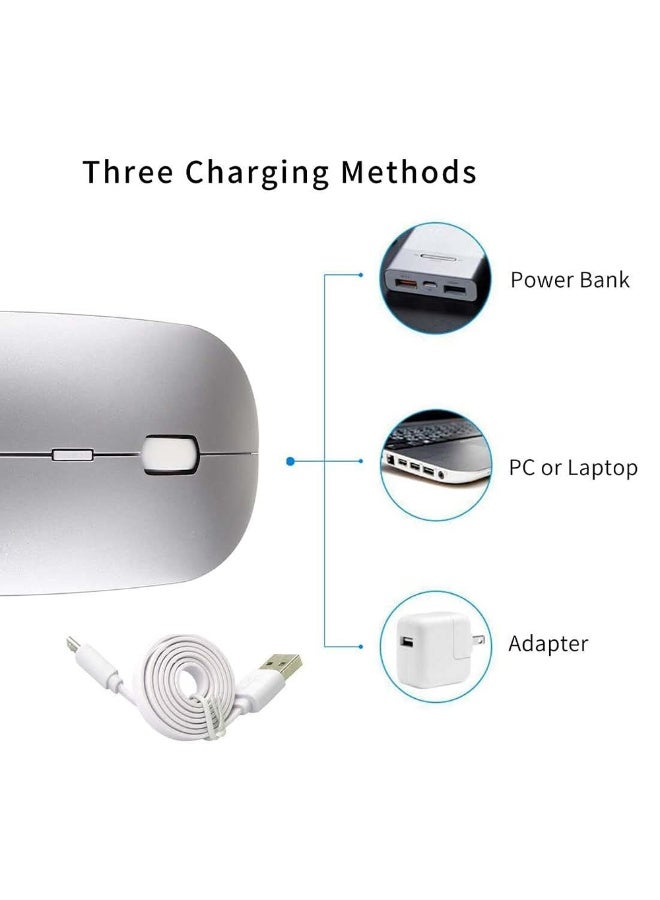 ماوس بلوتوث لاسلكي، بلوتوث 5.1 + USB، ماوس بلوتوث لاسلكي صامت قابل لإعادة الشحن 2.4 جيجا هرتز، فئران كمبيوتر مع جهاز استقبال USB (فضي) - Image 2