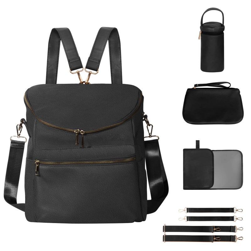 Minsong Diaper Bag BackpackFashion Leather Mommy BackpacksTravel Toddler Baby Diaper Bags with in Bag Organizer and Changing Pad Black