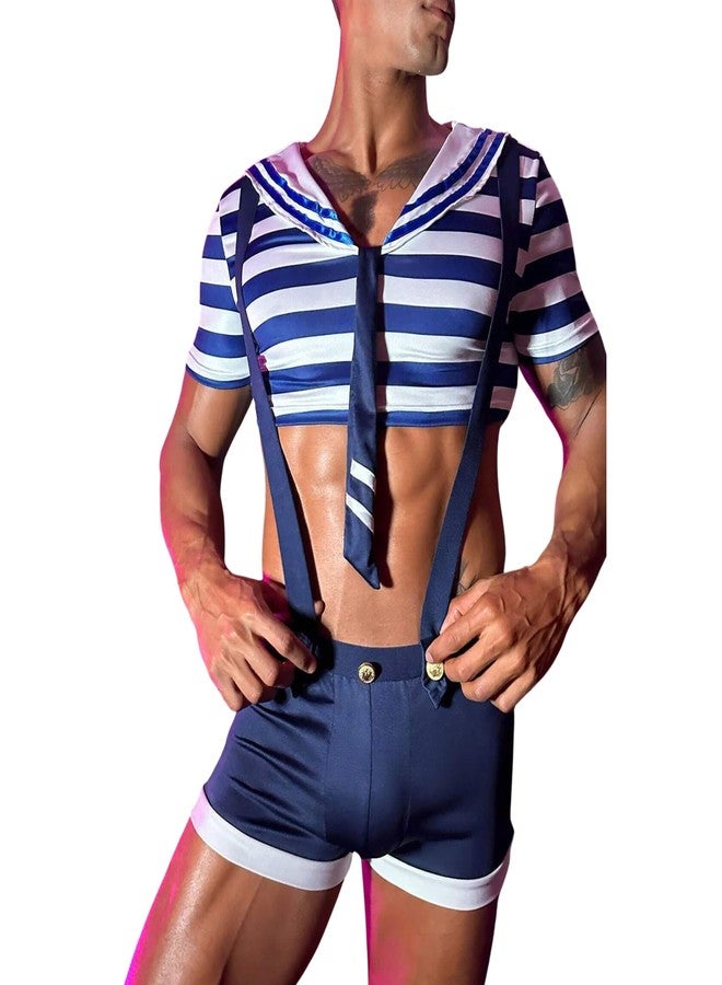VEOSTORY lingerie sexy night dress for Unisex, Couples Sailor - White and Navy Striped Crop Top with Cap and Shorts, Suspender Design for Theme Parties Roleplay And cosplay costume (Navy Blue, M, Men) - Image 1