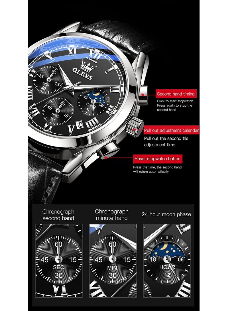 OLEVS Men's Chronograph Quartz Watches, Leather Strap Gold Case with Day Date, Waterproof Stainless Steel Wrist Watch, Luminous Watches for Men, Fashion, Leisure - Image 2