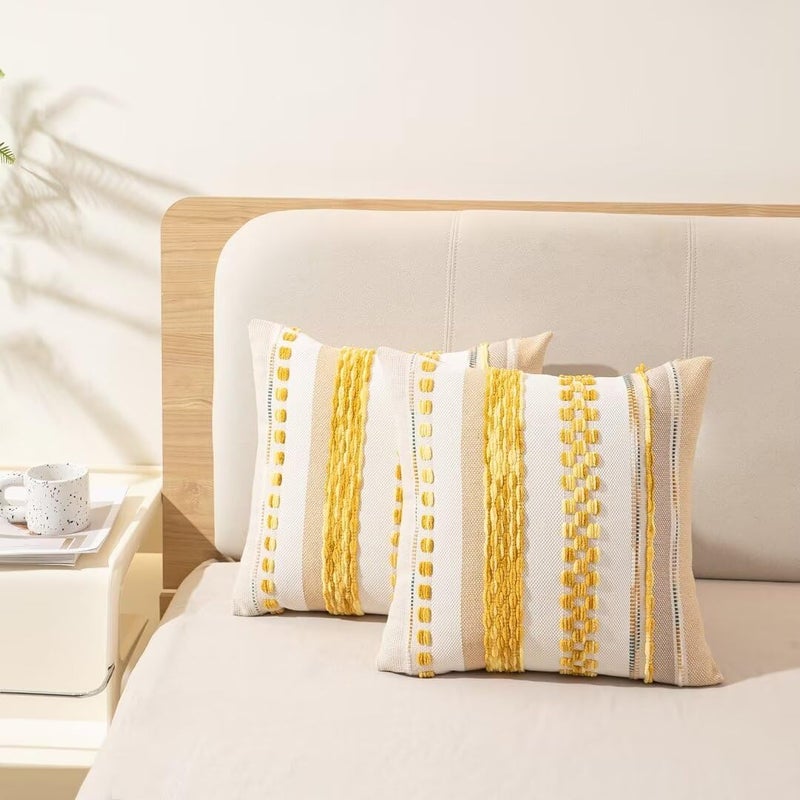 WANLIRD Boho Throw Pillow Covers 18x18 Set of 2 Farmhouse Decorative Cushion Case Striped Square Pillows Cover Chenille Pillow Cases Accent Neutral Pillowcase for Sofa Couch Bed,Yellow - Image 5