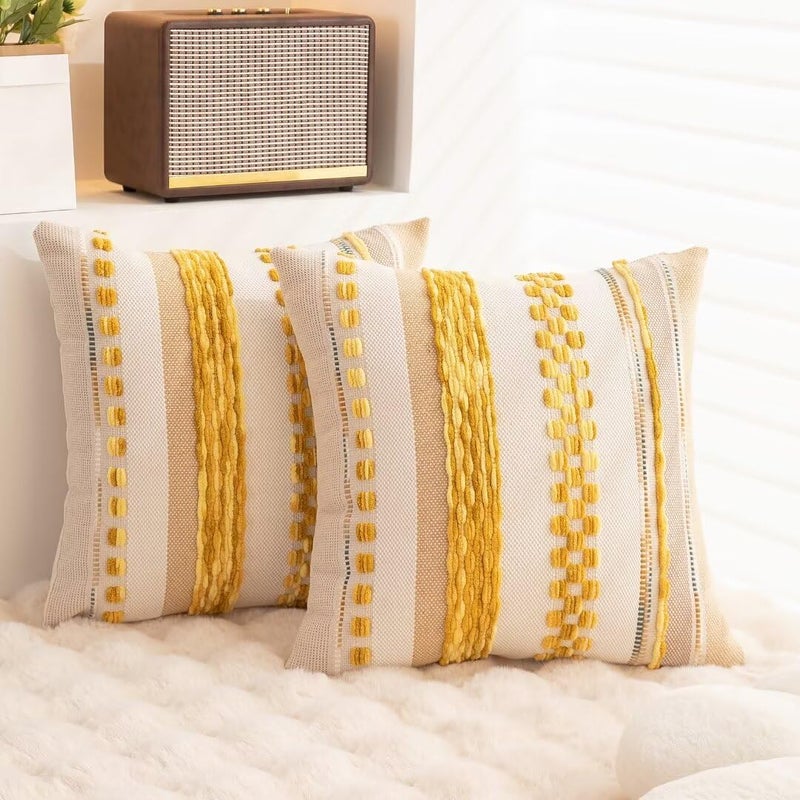 WANLIRD Boho Throw Pillow Covers 18x18 Set of 2 Farmhouse Decorative Cushion Case Striped Square Pillows Cover Chenille Pillow Cases Accent Neutral Pillowcase for Sofa Couch Bed,Yellow - Image 4