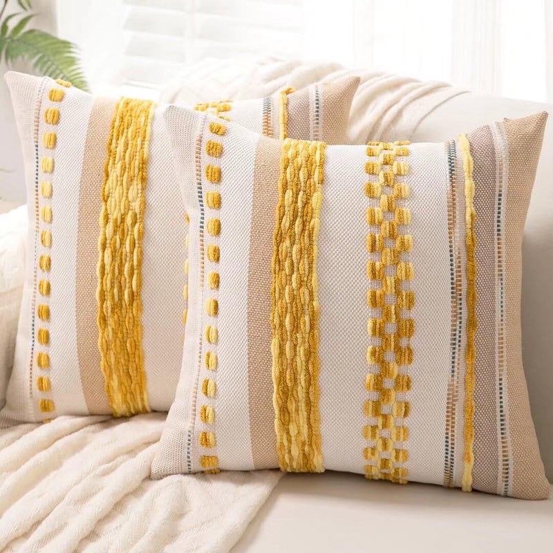 WANLIRD Boho Throw Pillow Covers 18x18 Set of 2 Farmhouse Decorative Cushion Case Striped Square Pillows Cover Chenille Pillow Cases Accent Neutral Pillowcase for Sofa Couch Bed,Yellow - Image 1