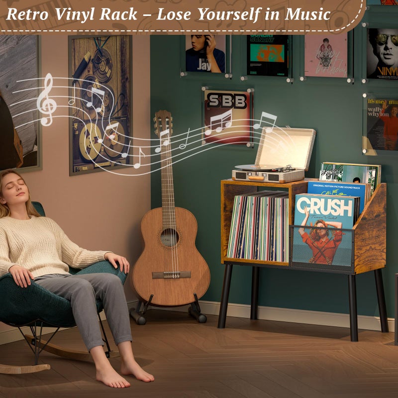 Simple Serenity Record Player Stand with Storage, 3-Tier Step Vinyl Record Storage Holder up to 200 Albums, Small Vintage Record Player Table, Turntable Stand Recordsfor Living Room, Bedroom - Image 5