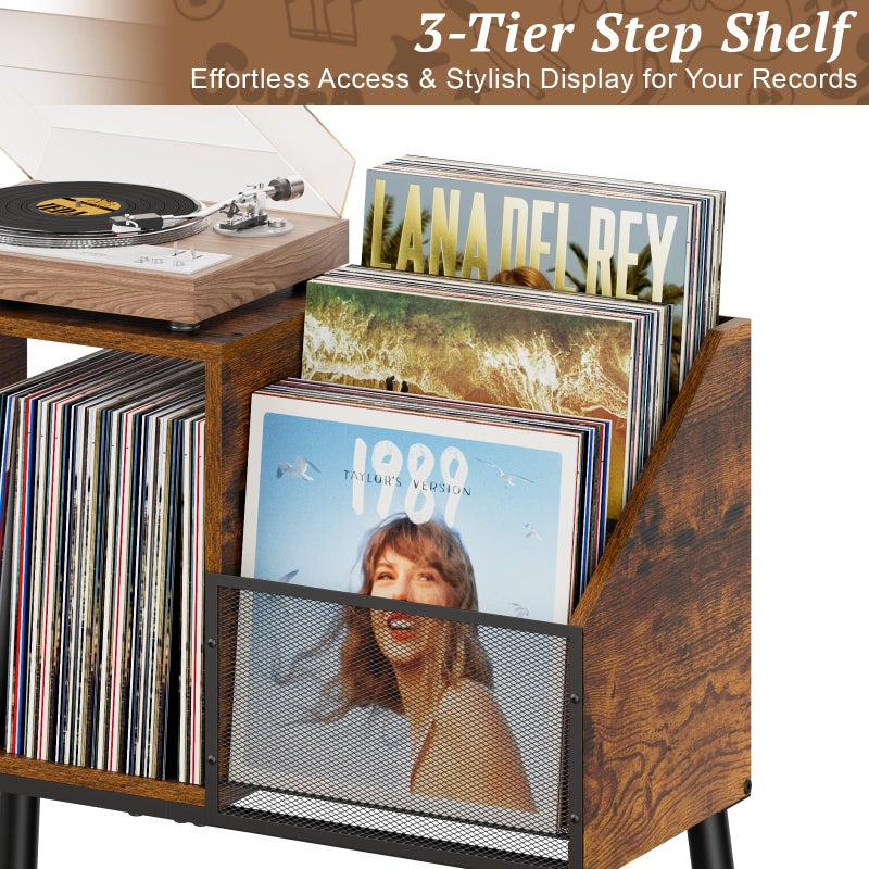 Simple Serenity Record Player Stand with Storage, 3-Tier Step Vinyl Record Storage Holder up to 200 Albums, Small Vintage Record Player Table, Turntable Stand Recordsfor Living Room, Bedroom - Image 2