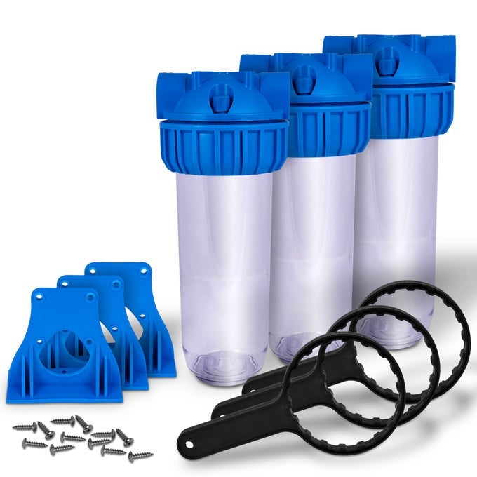 10 INCH TRANSPARENT STANDARD WATER FILTER HOUSING PRESSER RELIEF BUTTON 34 INLETOUTLET BRASS PORT ACCEPTS STANDARD 10X 25 CARTRIDGES 34 BRASS PORT MOUNTING HARDWARE INCLUDED 3 SETS