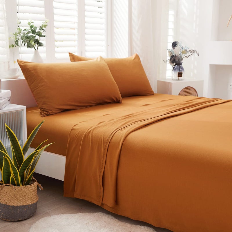 LIFETOWN LIFETOWN 100% Jersey Knit Cotton Bed Sheet Ultra Soft T-Shirt Feel Bedding Sheet 1 Piece Flat Sheet Breathable Wrinkle-Free (Burnt Orange  King)