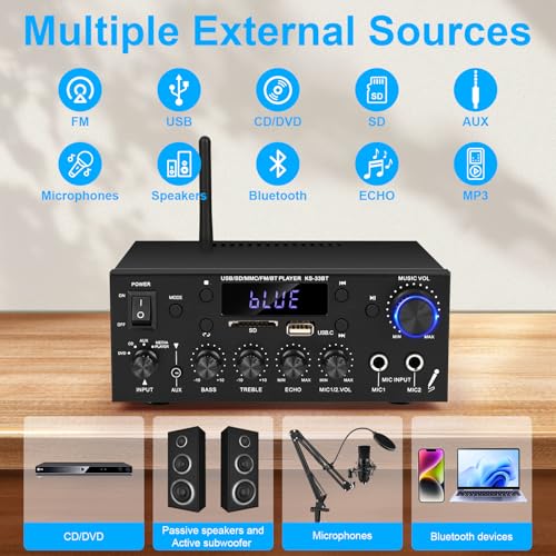 Romicta Stereo Audio Amplifier 2 Channel 500W Bluetooth 50 Home Audio Stereo Receiver with FM Echo AUX USB SD MIC Inputs Power Amplifier for Passive Speakers and Active subwoofer - Image 3