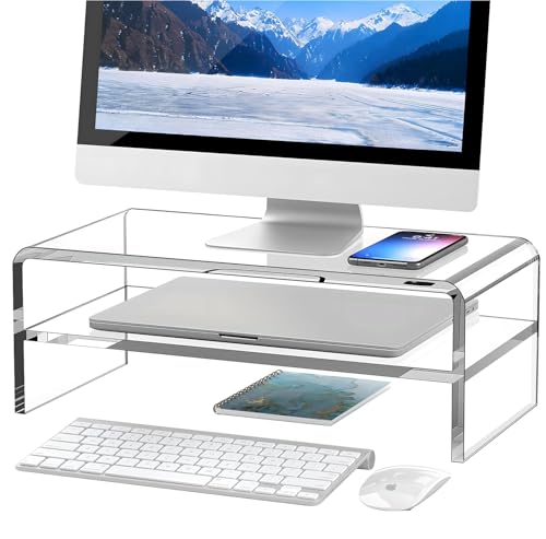Egchi Clear Acrylic Monitor Stand Riser 2 Tier, 5.12 Inches High Clear Computer Desk Organizer Shelf for Multi Media PC Storage Laptop - Image 1
