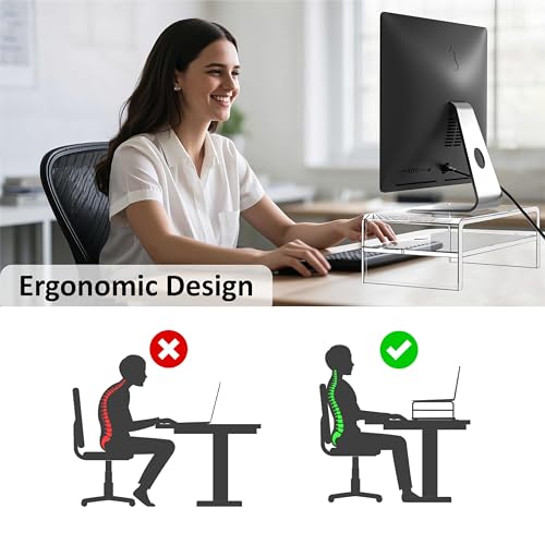 Egchi Clear Acrylic Monitor Stand Riser 2 Tier, 5.12 Inches High Clear Computer Desk Organizer Shelf for Multi Media PC Storage Laptop - Image 3