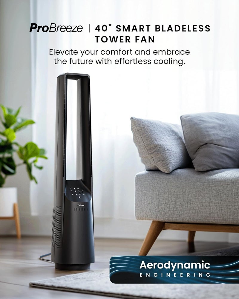 Pro Breeze 40" Smart Bladeless Tower Fan with DC Motor - WiFi - Ultra-Quiet with Remote Control, LED Display, 6 Fan Speeds, 5 Operation Modes, 60° Oscillation - Black - Image 2