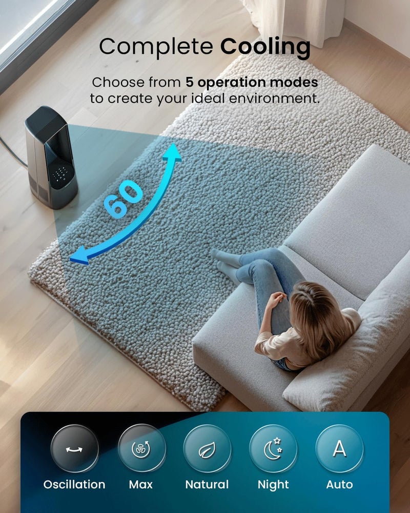 Pro Breeze 40" Smart Bladeless Tower Fan with DC Motor - WiFi - Ultra-Quiet with Remote Control, LED Display, 6 Fan Speeds, 5 Operation Modes, 60° Oscillation - Black - Image 5