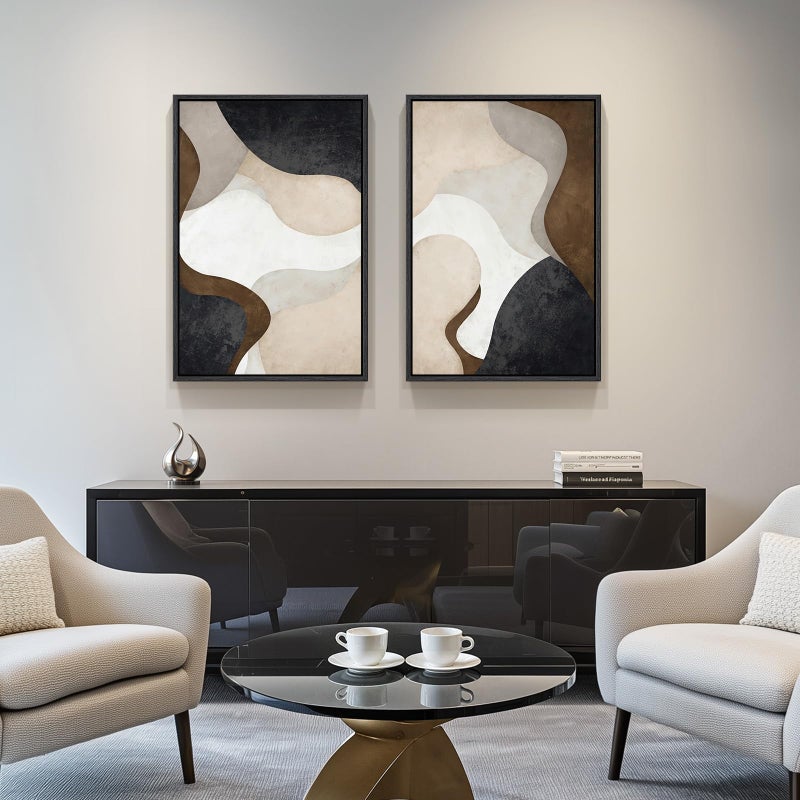 Cuspin Framed Neutral Abstract Minimalist Wall Art, 2 Piece Large Modern Canvas Prints Paintings Artwork for Walls, Black Beige Brown Abstract Art Pictures for Living Room Dining Bedroom Wall Decor 20x30 In - Image 2