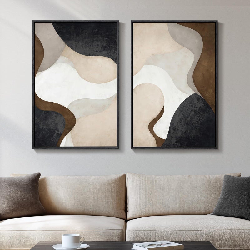Cuspin Framed Neutral Abstract Minimalist Wall Art, 2 Piece Large Modern Canvas Prints Paintings Artwork for Walls, Black Beige Brown Abstract Art Pictures for Living Room Dining Bedroom Wall Decor 20x30 In - Image 1