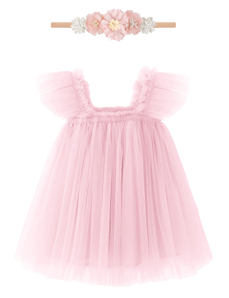 ANHDM Baby Girl Half Birthday Outfit 1/2 Halfway to One Short Sleeve Tulle Dress with Flower Headband, Light Pink, 6 Months=Tag 70 - Image 1