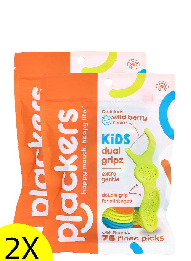 Plackers Kid's Dual Gripz Dental Flossers with Fluoride Fruit Smoothie Swirl 75 Count