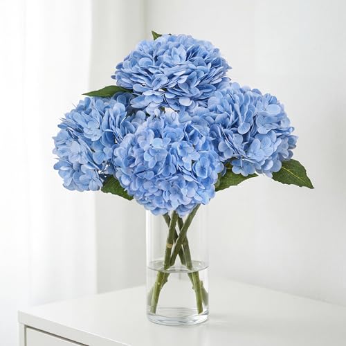 JPSOR 4pcs Blue Hydrangea Artificial Flowers, 21in Real Touch Hydrangeas Flowers, Lifelike Fake Hydrangea Flower for Home Decor Party Floral Arrangements Wedding Bouquets Centerpieces - Image 1