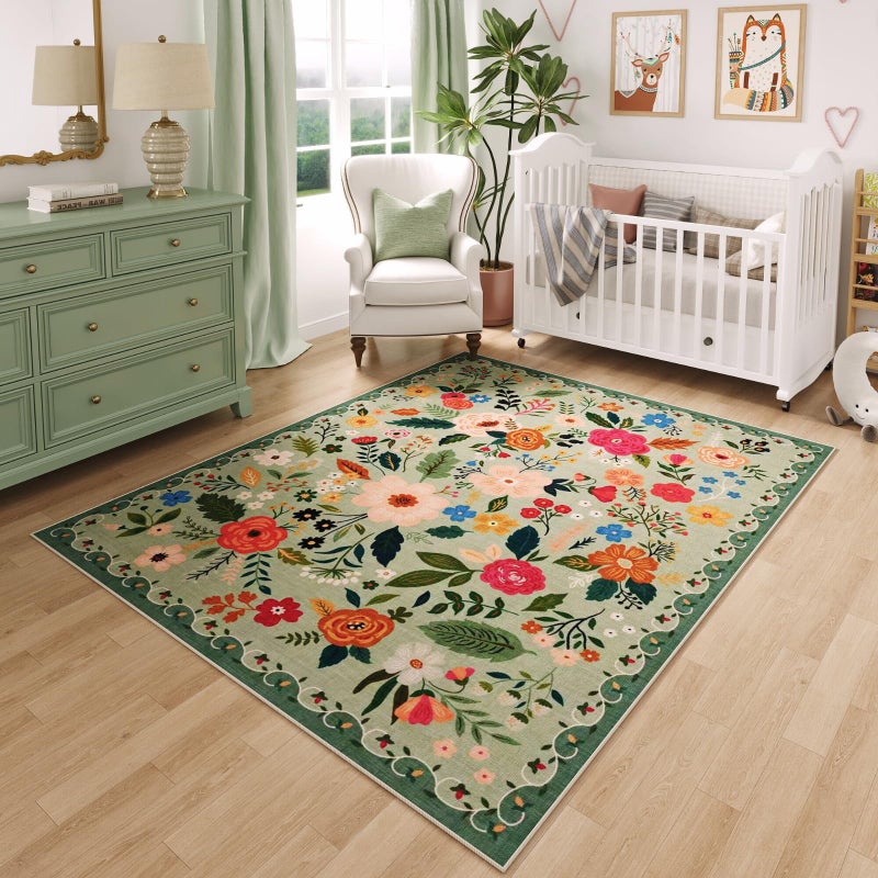 Rugcomf Area Rug 4x6 Rug Washable Boho Rugs Non Slip Low Pile Floral Small Carpet for Bedroom, Bedside, Kids Room, Office, Dining Room(Green) - Image 1
