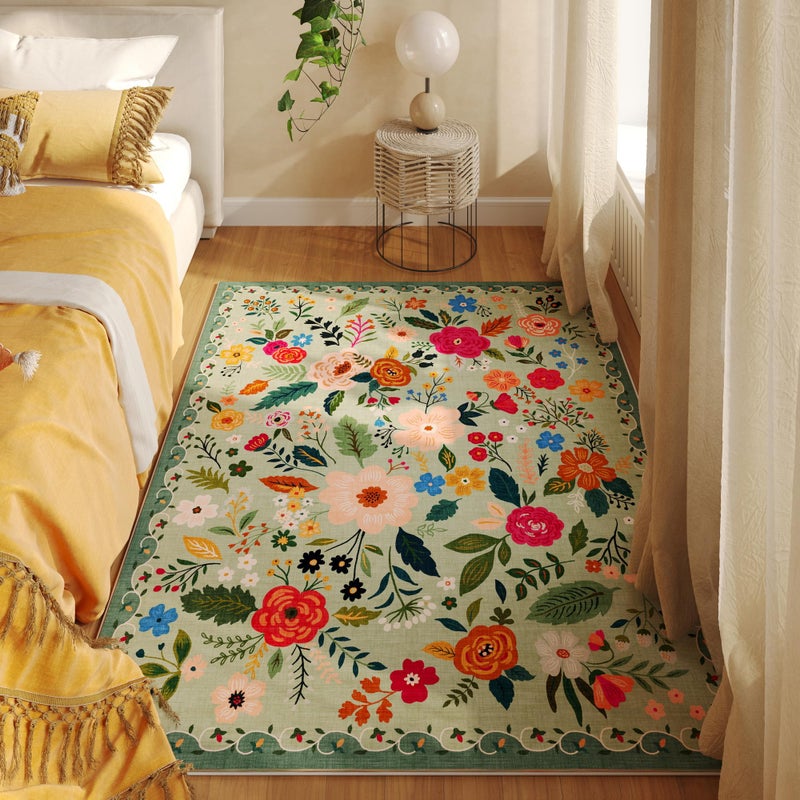 Rugcomf Area Rug 4x6 Rug Washable Boho Rugs Non Slip Low Pile Floral Small Carpet for Bedroom, Bedside, Kids Room, Office, Dining Room(Green) - Image 5