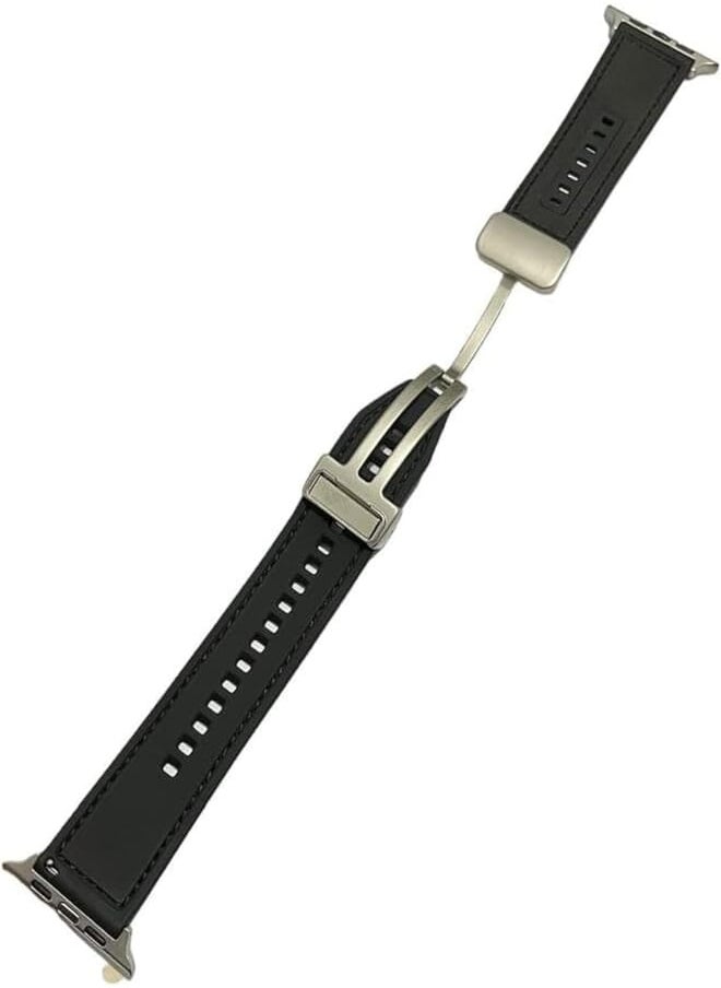 Generic - Leather Band Compatible with Apple Watch Ultra 49mm 45mm 44mm 42mm, Genuine Leather Magnetic Clasp Strap for iWatch Ultra SE 2 Series 8 7 6 5 4 3 2 1 for Men Women (Black) - Image 1